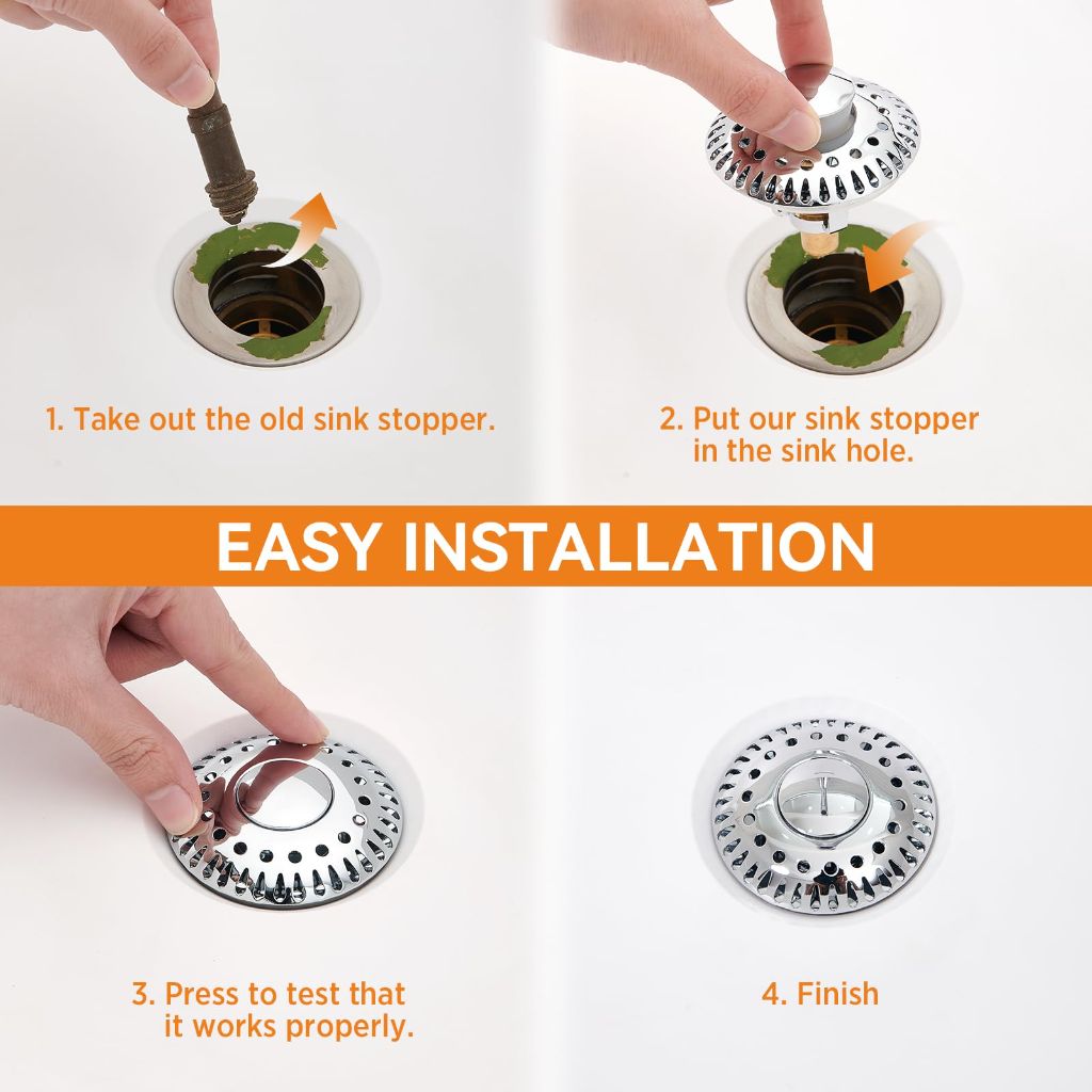 Bathroom Sink Stopper for 1.06"-1.65" Drain Holes, 2 in 1 Bath Sink Drain Strainer Stopper, (Chrome Silver-1p)