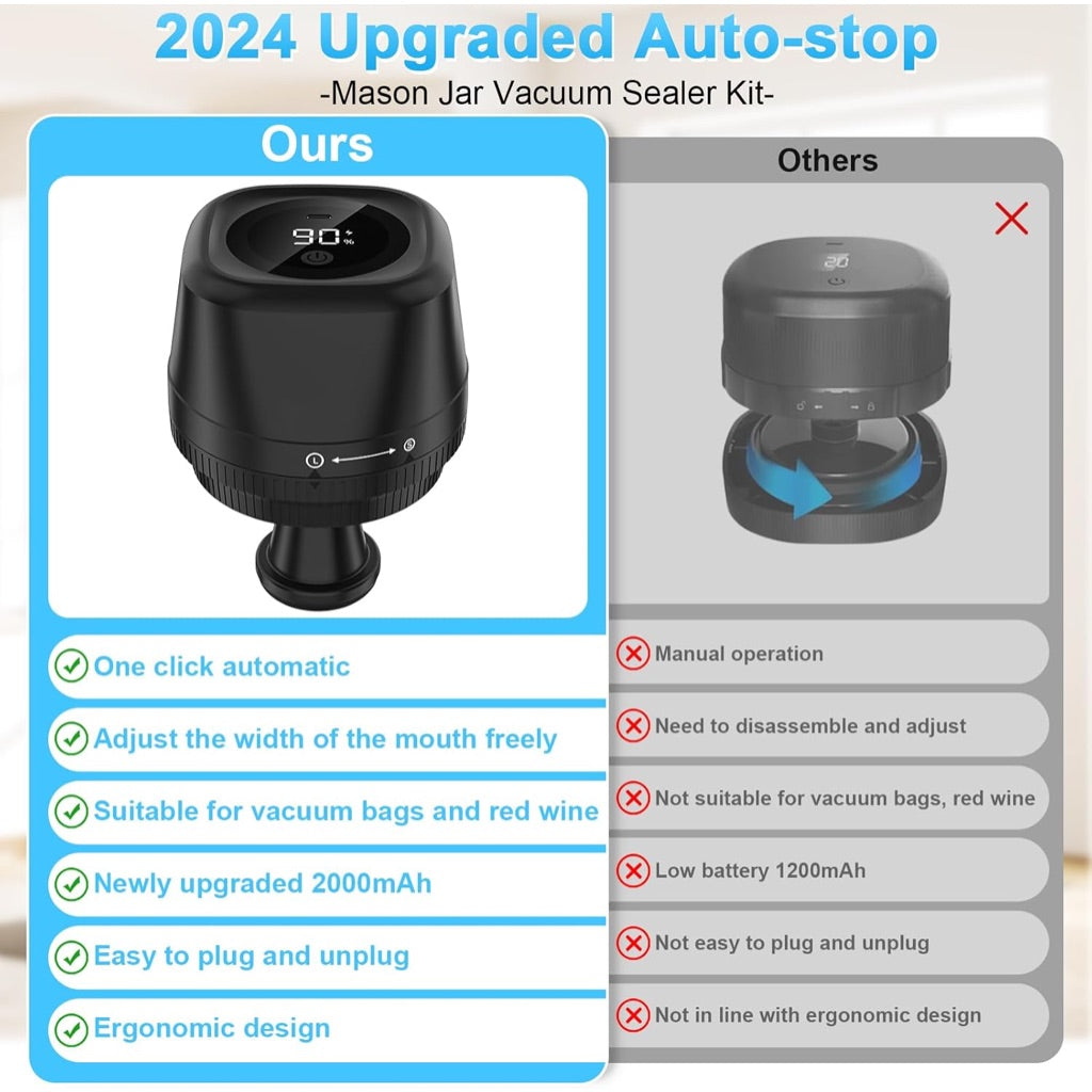 Electric Mason Jar Vacuum Sealer Kit, Tomkouni 4 in 1 Jar Vacuum Sealer for Wide and Regular Mouth Mason Jars, Automatic Stop Sealer for Jars Wine Bottle,Vacuum Bags Containers, Black