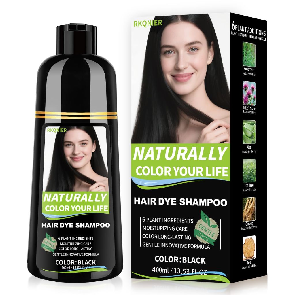 RKQNIER Black Hair Dye Shampoo for Women & Men, 10 Min Gray Coverage, 3 in 1 Semi-Permanent