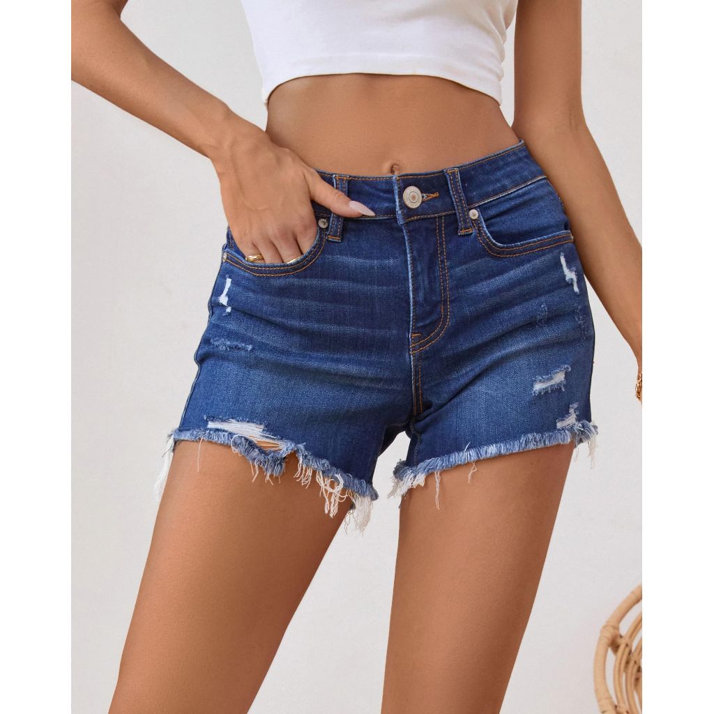 OFLUCK High Waisted Ripped Frayed Raw Hem Stretch Denim Women Shorts - size 6