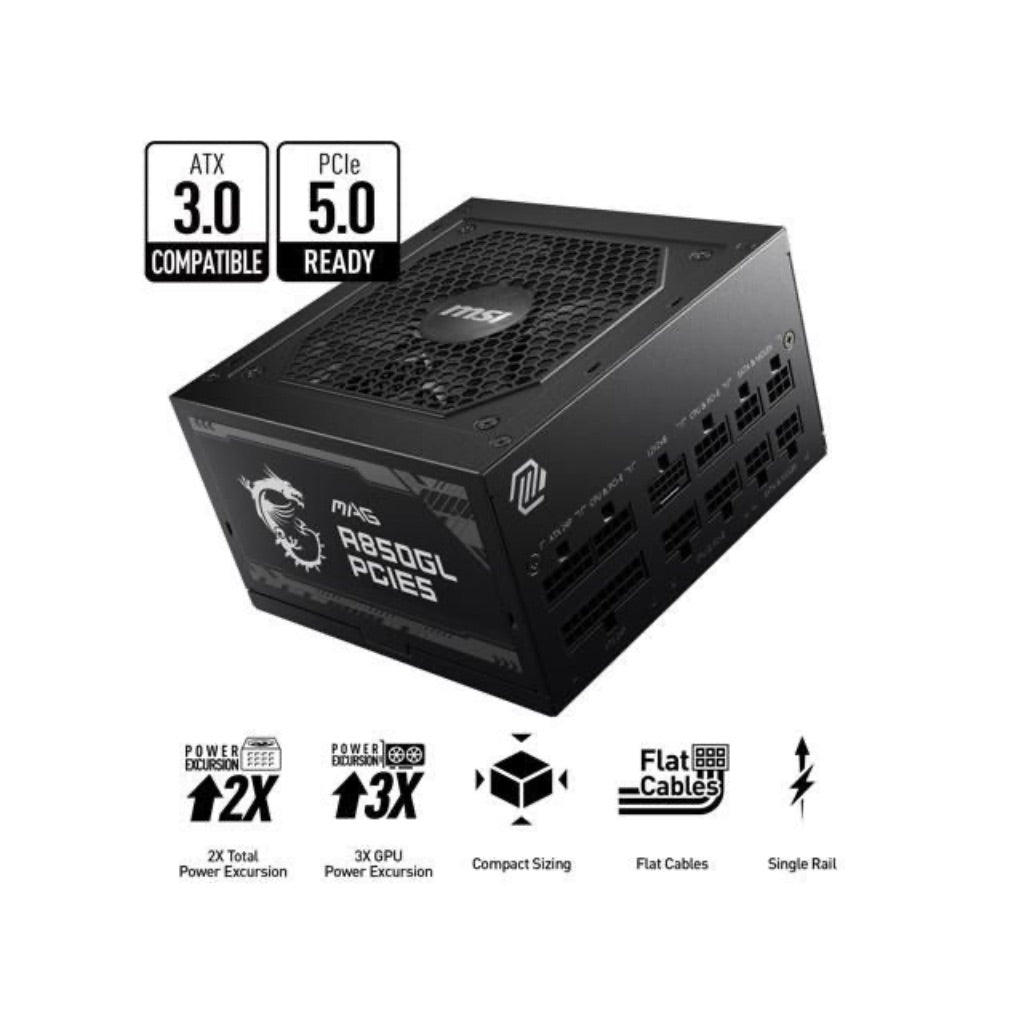MSI MAG A850GL PCIE 5 80 Plus Gold 850W Fully Modular 12VHPWR Cable ATX 3.0 Power Supply