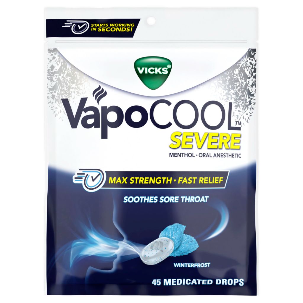 Vicks VapoCool Severe Medicated Sore Throat Drops, Winterfrost Flavor, 45ct