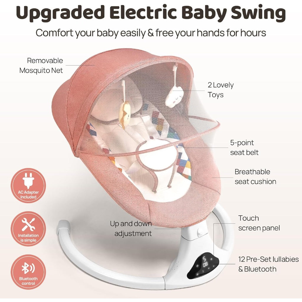Portable Baby Swing with 5 Speeds, 12 Soothing Melodies, Bluetooth & Remote Control - Pink