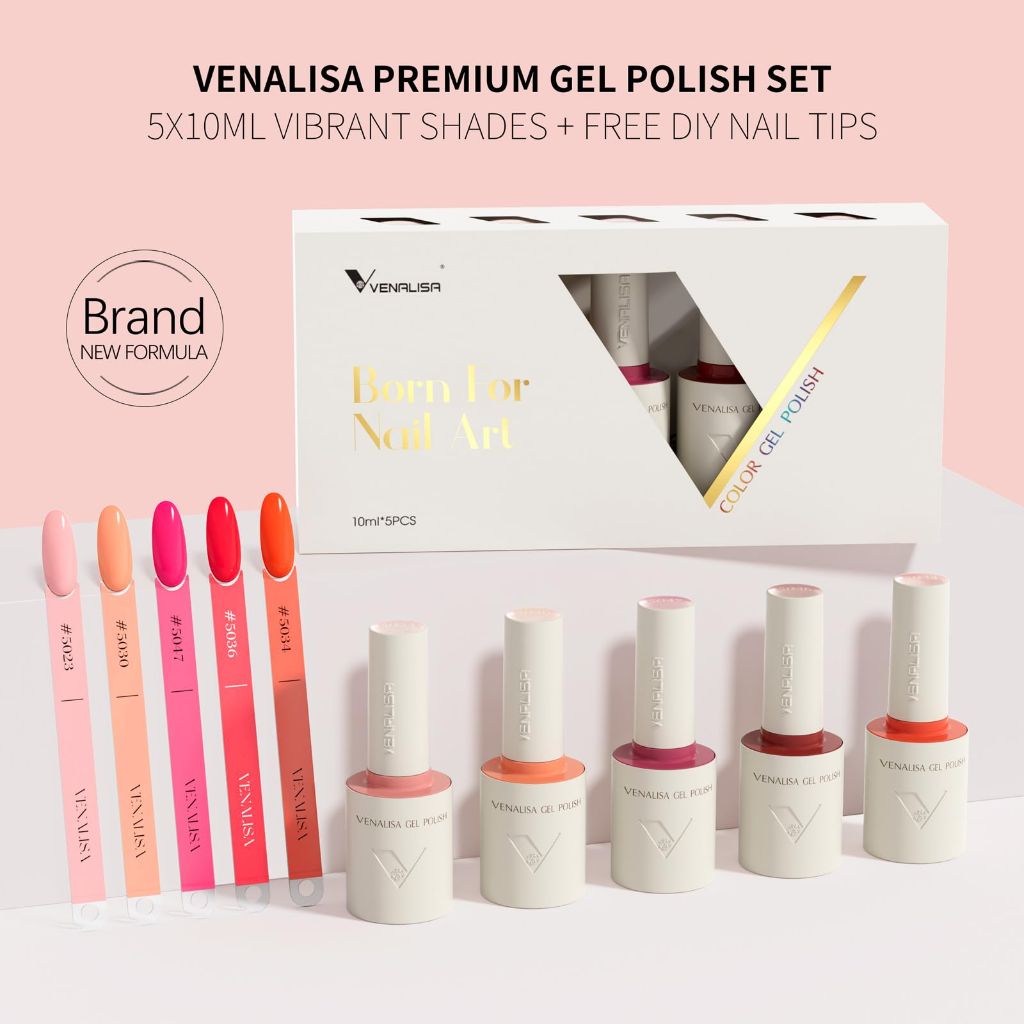 VENALISA 10 ML Gel Nail Polish Set with DIY Nail tips Kit, 5 Pcs Pink Red Orange
