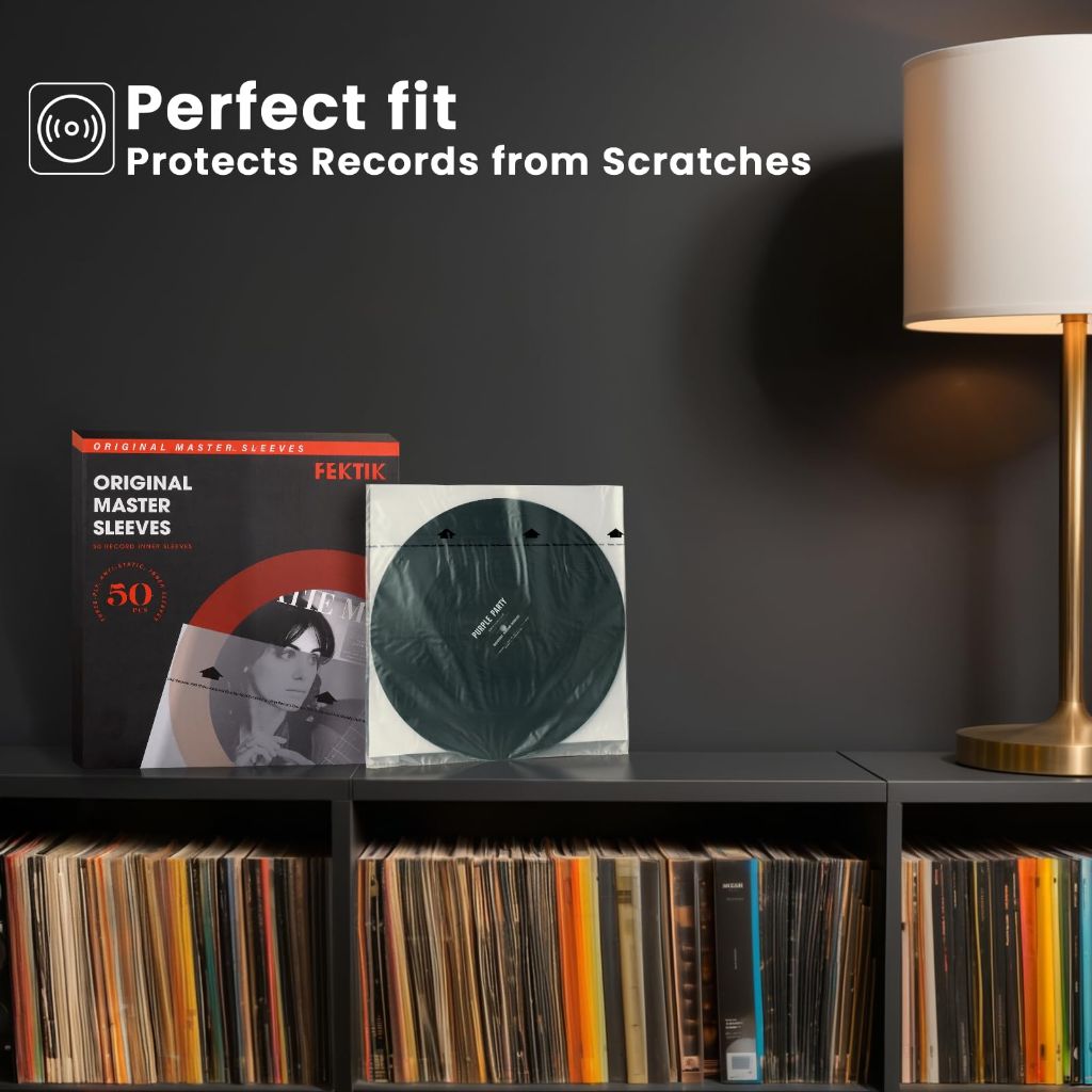 Fektik Vinyl Record Inner Sleeves, 12-inch Anti-Static, 3 Layer Archival Quality - 50ct.