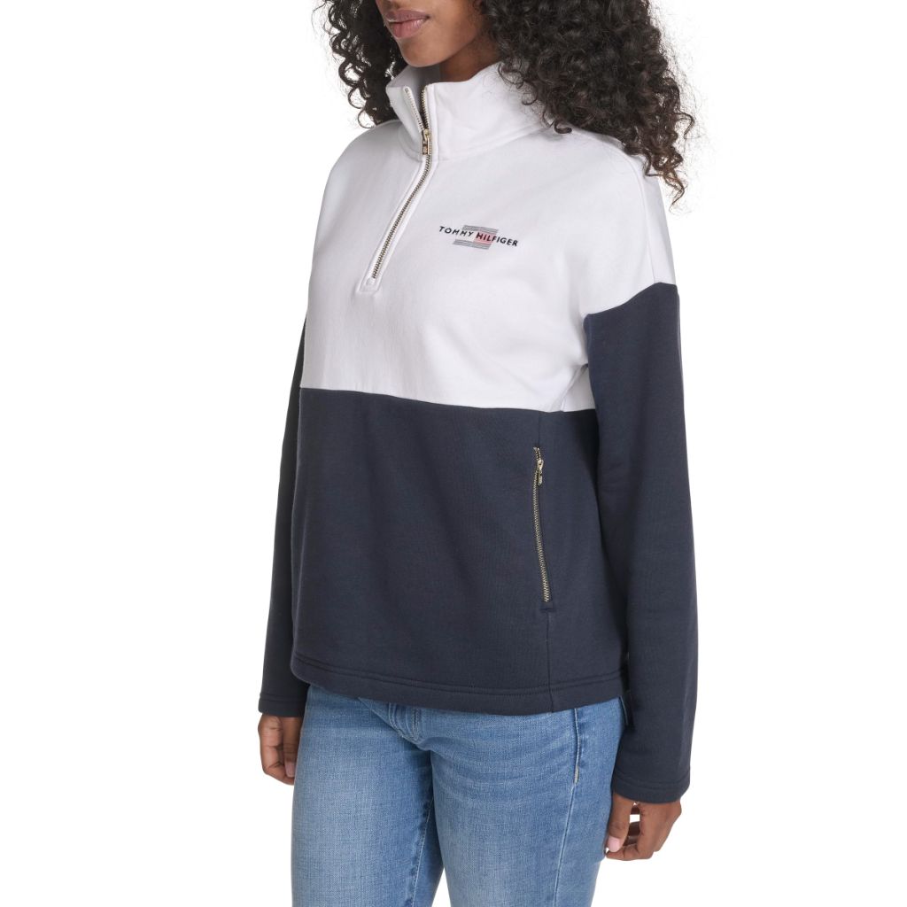 Tommy Hilfiger Women's Sportswear 1/4 Zip Mockneck Fleece Sweatshirt, Bright White/Sky Captain, X-Small