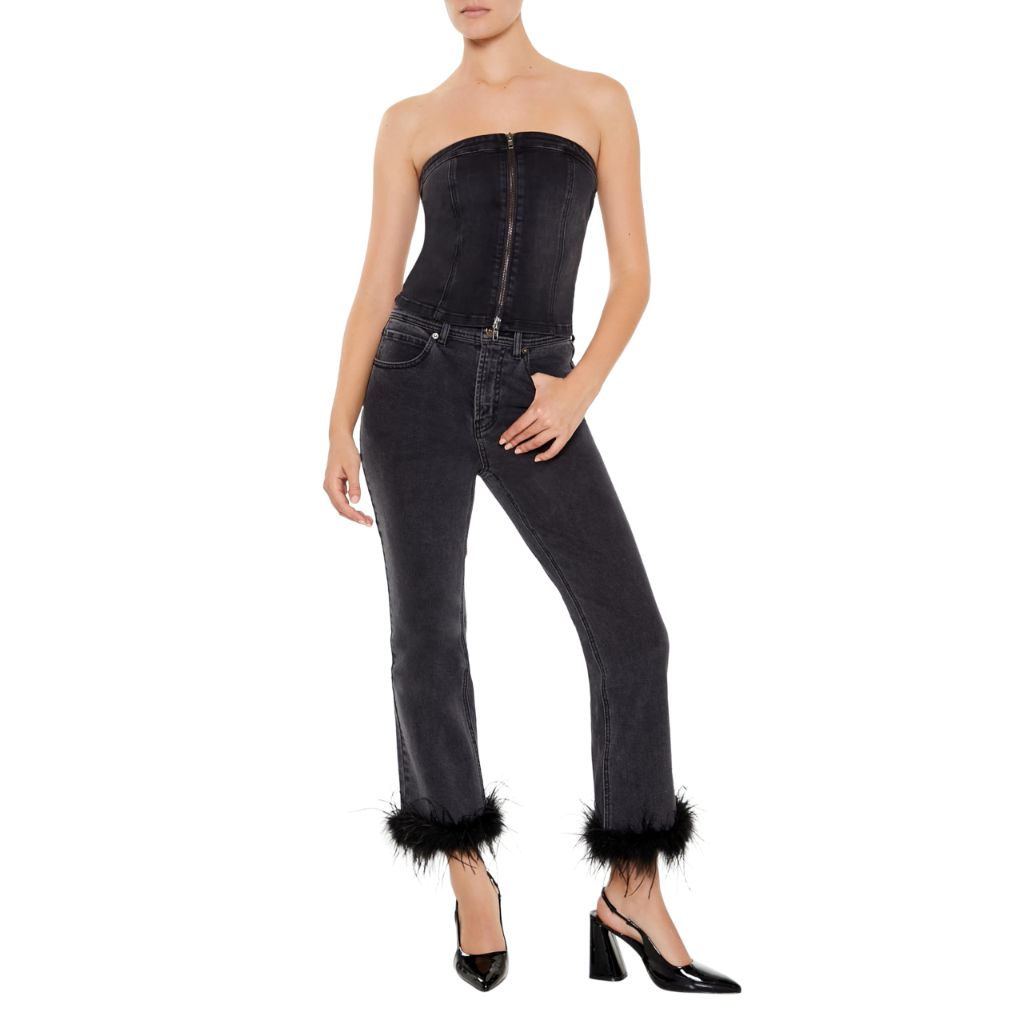 Forever 21 Women's Denim Zip-Front Cropped Tube Top, Black - size Medium