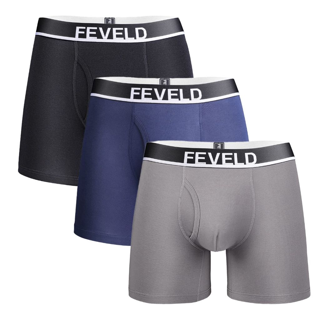 Feveld Men's Boxer Briefs (Black, Blue, Gray, X-Large)