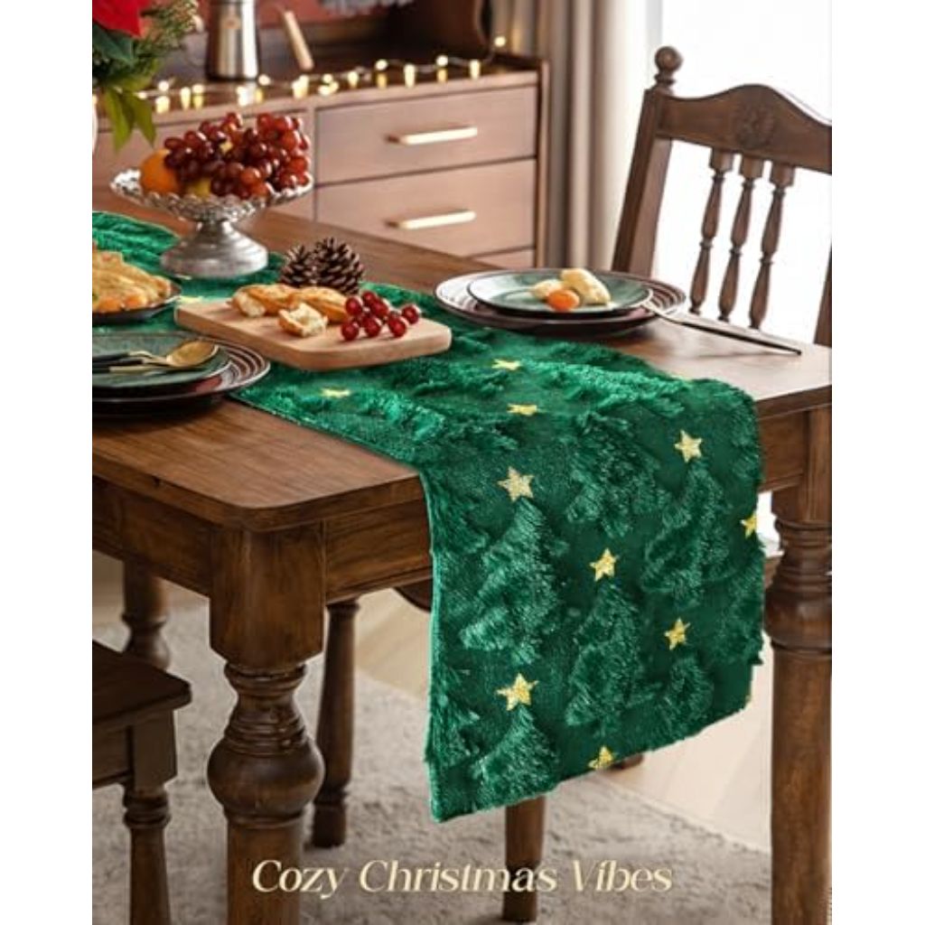 Green Christmas Tree Table Runner Flannel Backing Christmas Table Runner  - 13x72 inch