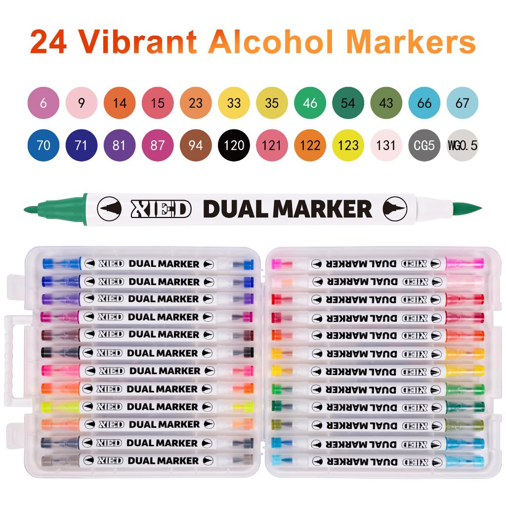 XIEED 24 Colors Alcohol Markers & 2 Pack Coloring Book Set