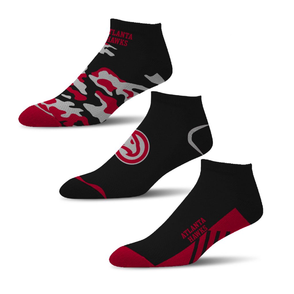 For Bare Feet NBA ATLANTA HAWKS CAMO BOOM 3 Pack Ankle Sock Team Colors Large