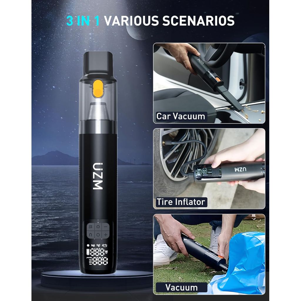 Cordless Portable 12000Pa 3-in-1 Car Vacuum Cleaner and Tire Inflator, 5000mAh Battery, 150 PSI, LED Light, Type-C Charger