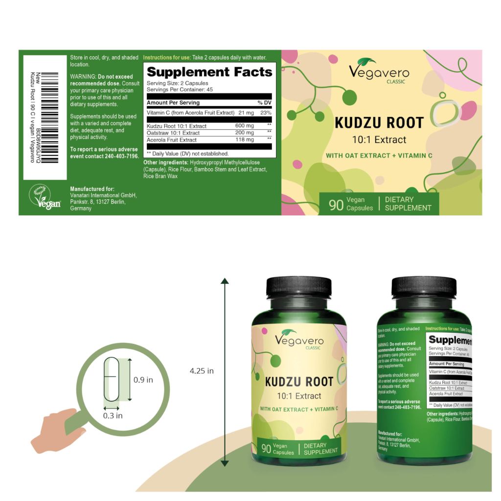 Vegavero Kudzu Root | 12.000 mg of Kuzu Root | Non-GMO & Vegan | Support Menopause | with Oat Extract + Vitamin C | 90 Capsules