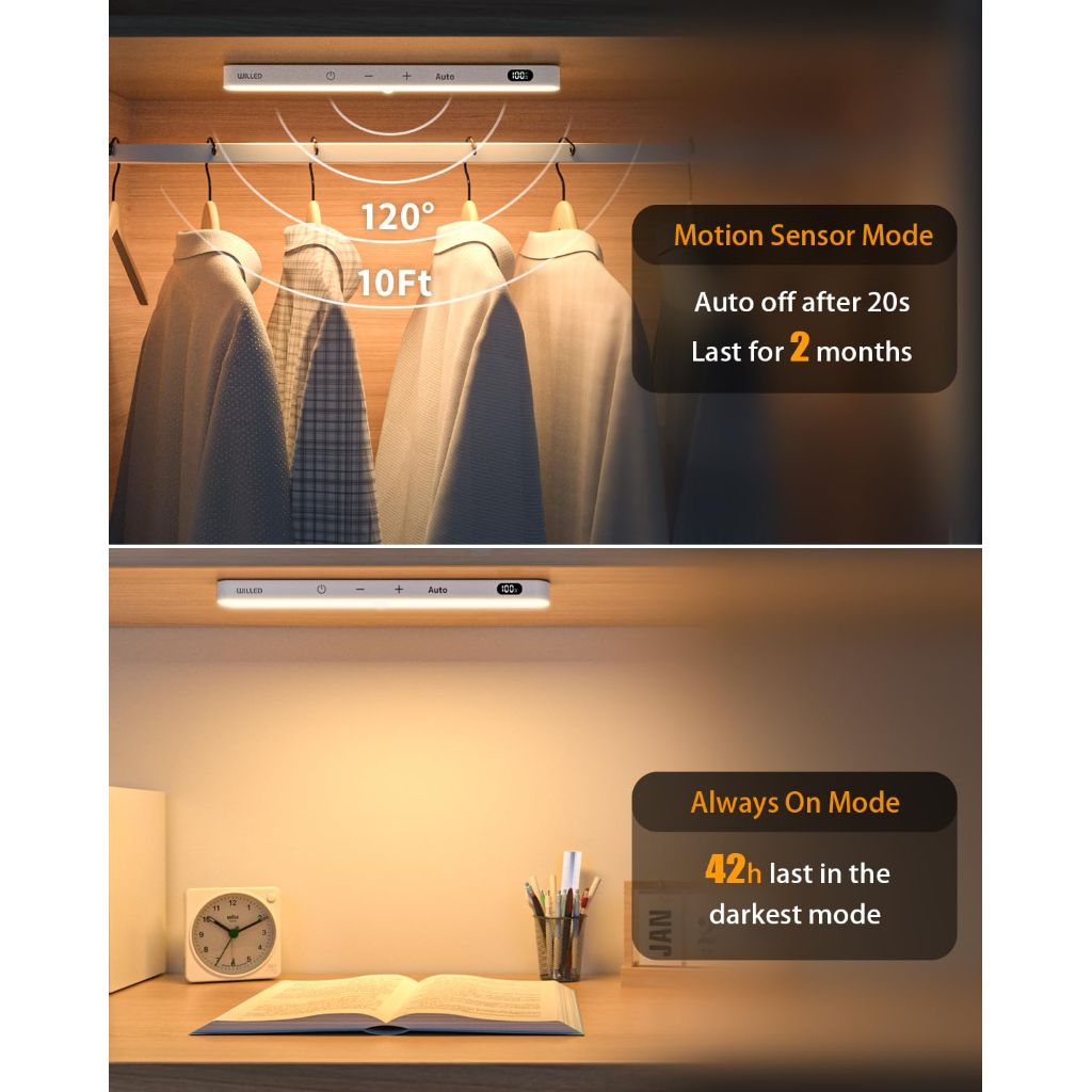 WILLED 3000K Closet Lights Motion Sensored, Battery Display, 60 LED Touch Light Bar, Motion Sensor Light Indoor, Under Cabinet Lights Rechargeable, Stick on Light for Closet, Kitchen, Hallway, 4 Pack