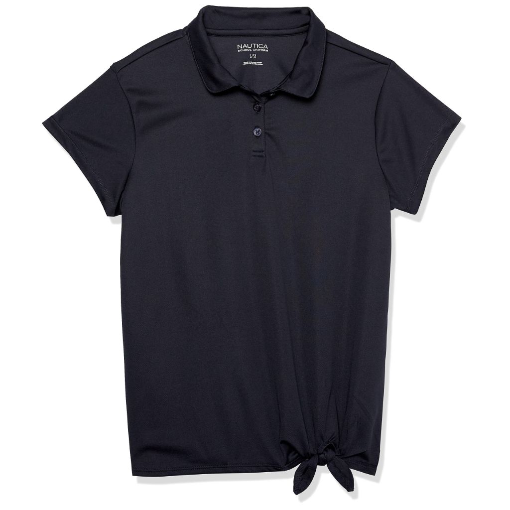 Nautica Girls' School Uniform Short Sleeve Performance Polo, Navy/Tie Front, 16-18 Plus