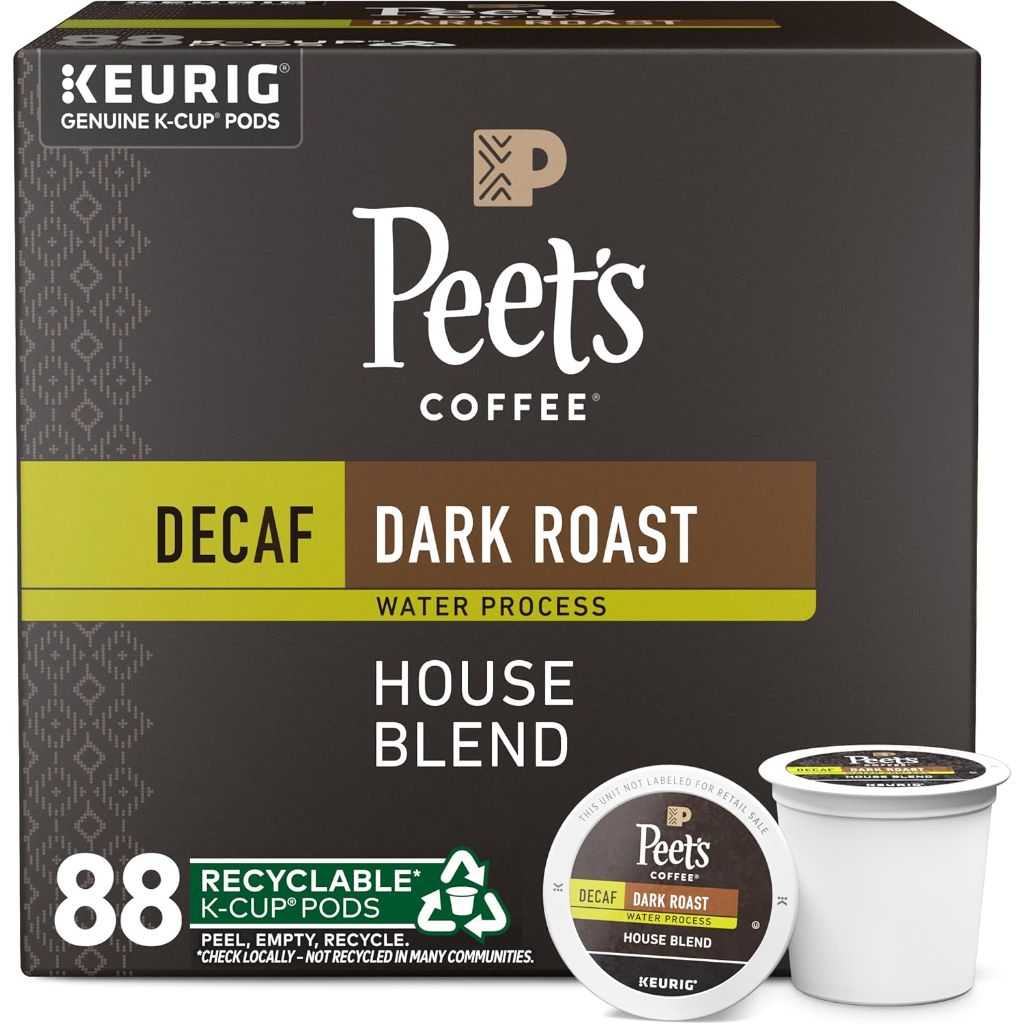 Peet's Coffee, Dark Roast Decaf Keurig K-Cup Pods - Decaf House Blend 88 Count (4 Boxes of 22 K-Cup Pods)