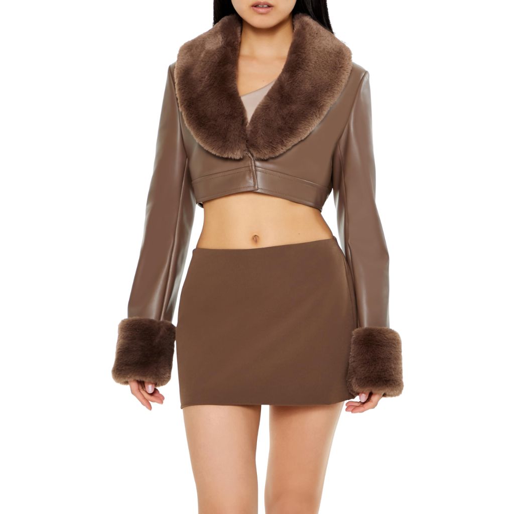 Forever 21 Women's Faux Leather & Fur Cropped Jacket Espresso X-Large