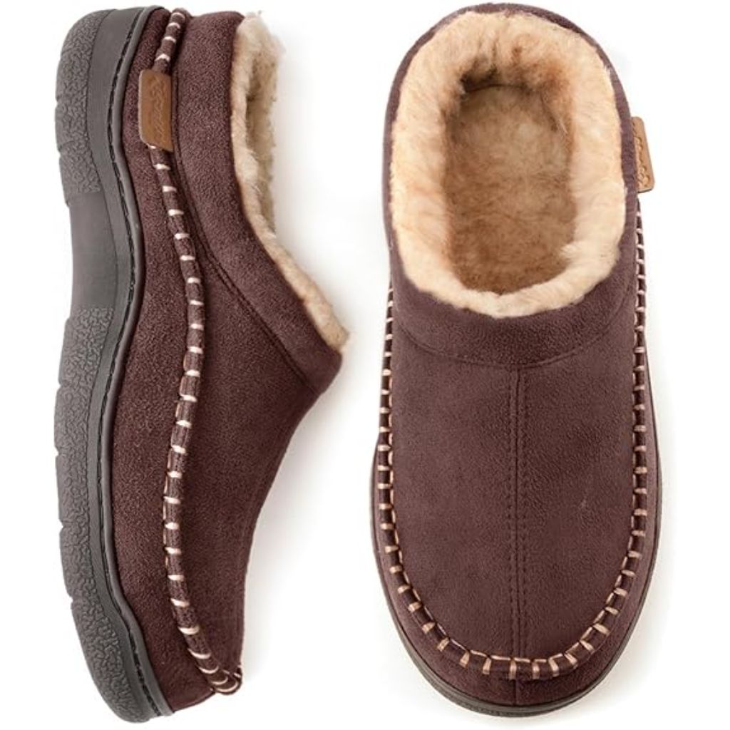 Feetfreein Men’s Slip-On Moccasin Slippers, Warm Winter Microsuede House Shoes with Memory Foam, Indoor and Outdoor Loafer Style, Coffee, 9-10