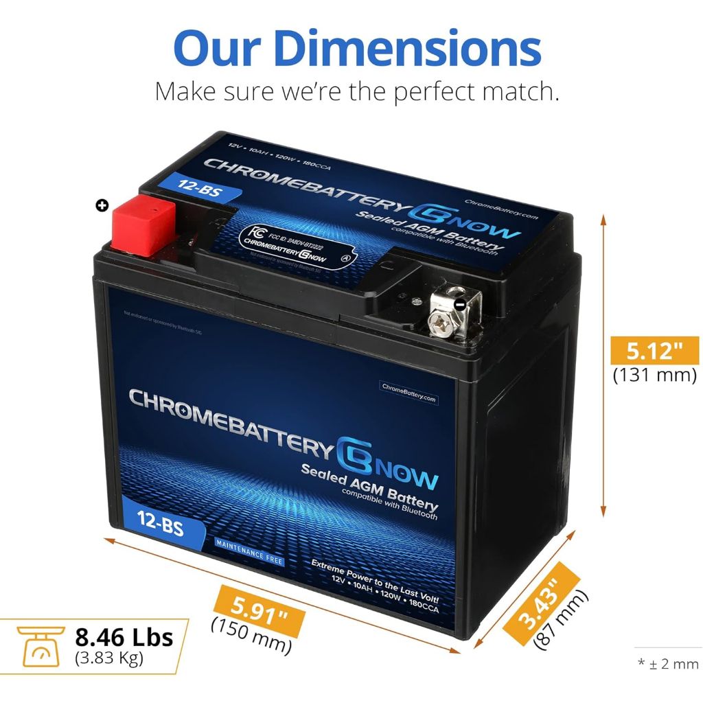 CHROMEBATTERY NOW YTX12-BS 12V 180 CCA AGM Maintenance-Free 10Ah Battery for ATV, Motorcycle, Scooter, Jet Ski