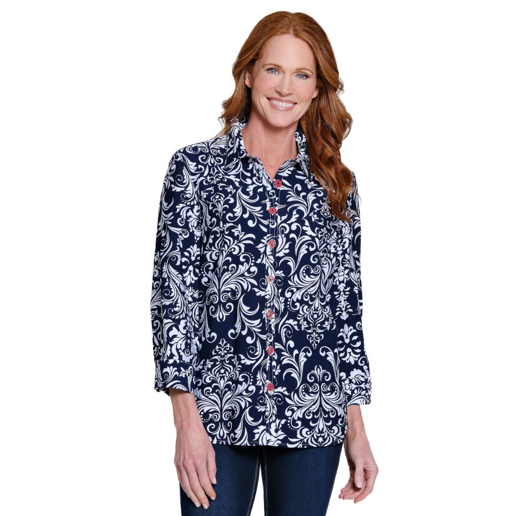 Ali Miles Woven Button Tunic Point Collar, 3/4 Sleeves, Navy Print, XL