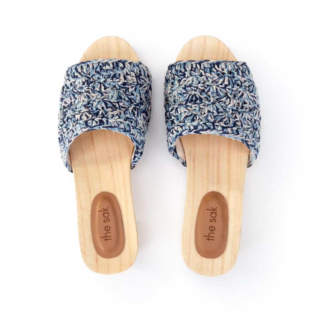 The Sak Ella Clog Sandal in Crochet, Slip On Shoe, Blue Static Shell