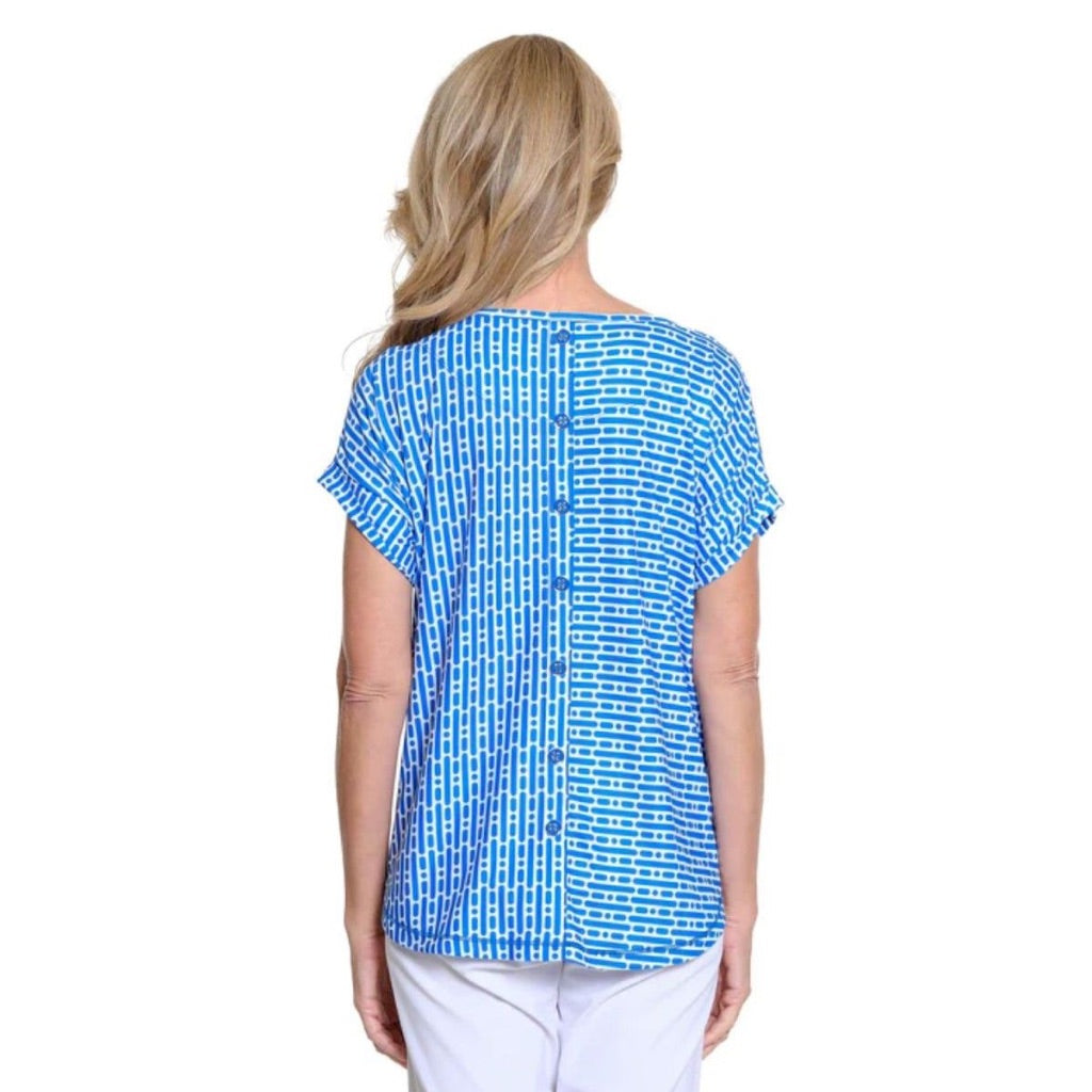 Multiples Women's Short Sleeve Geometric Faux Button Back Blouse - Bright Royal, Large