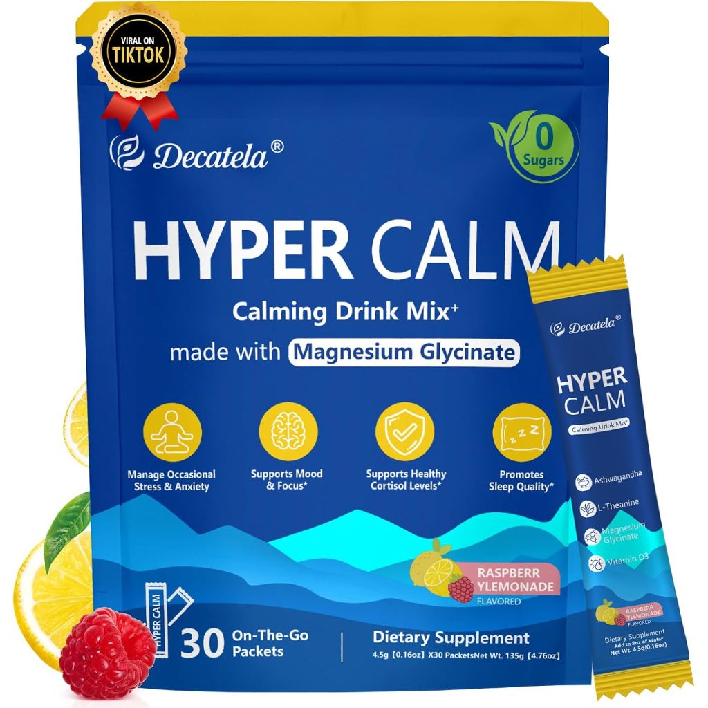 HyperCalm Super Cortisol Drink, w. Magnesium Glycinate Powder, L-theanine, Ashwagandha, Vitamin D3, 30 Share Raspberry Lemonade Electrolytes Powder, No Sugar, Helps with Sleep and relieves Stress