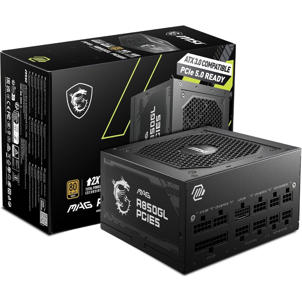 MSI MAG A850GL 80 Plus Gold Certified 850W Fully Modular Power Supply, PCIE 5 & ATX 3.0, ATX PSU (Renewed)