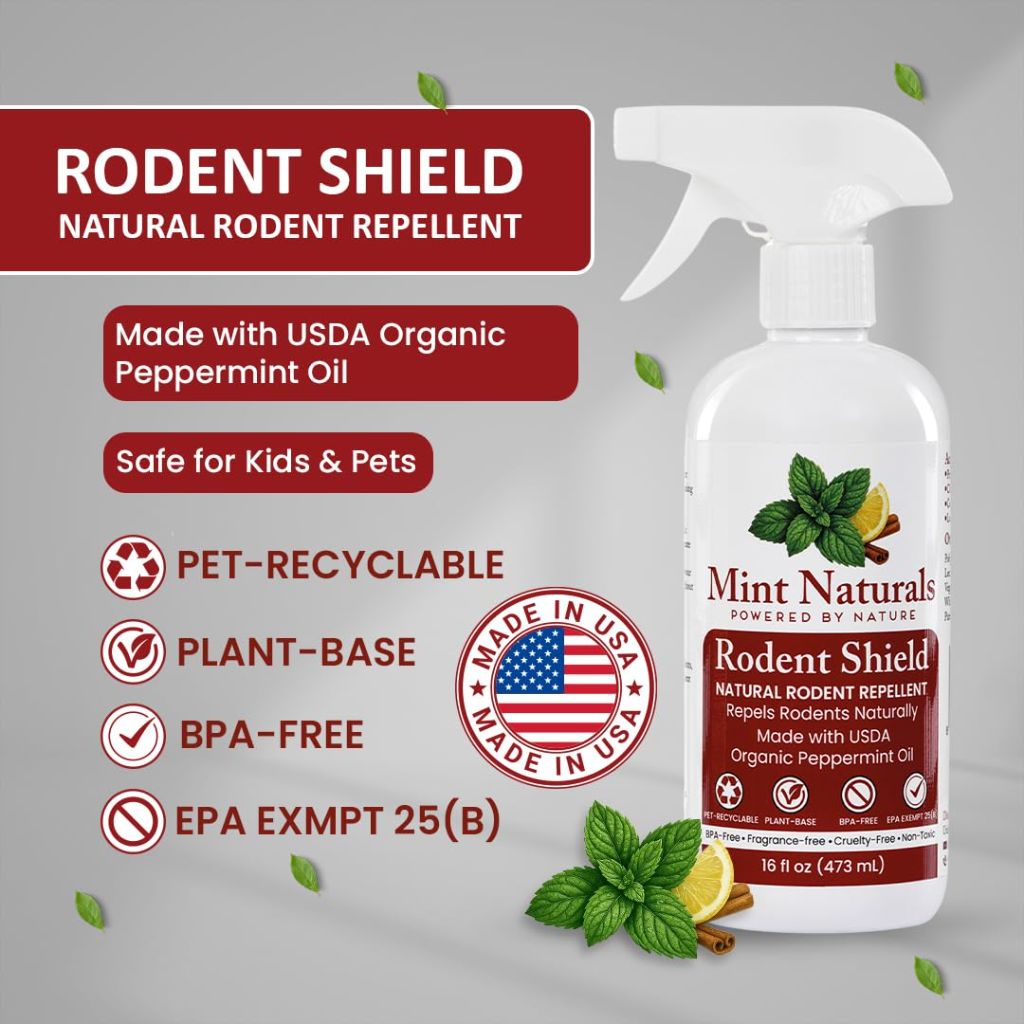 Mint Naturals - Natural Rodent Repellent Spray – USDA Organic Peppermint Oil Formula, 16 oz