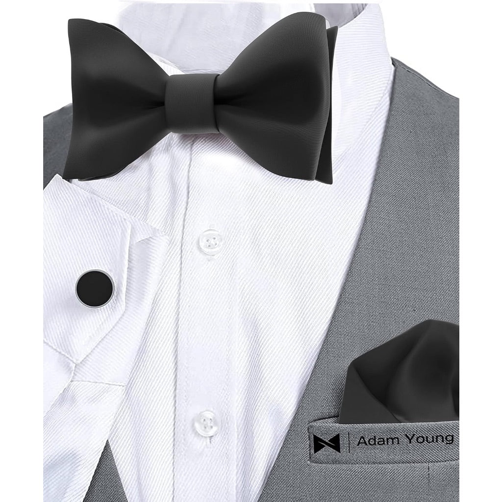 Adam Young Men's Self Tie Bow Tie w/Pocket Square & Cufflinks - Black Semi-Glossy Satin
