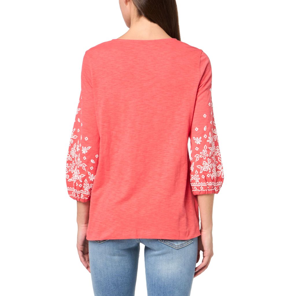 MULTIPLES Three Quarters Sleeve Scoop Neck Top, Watermelon, XS