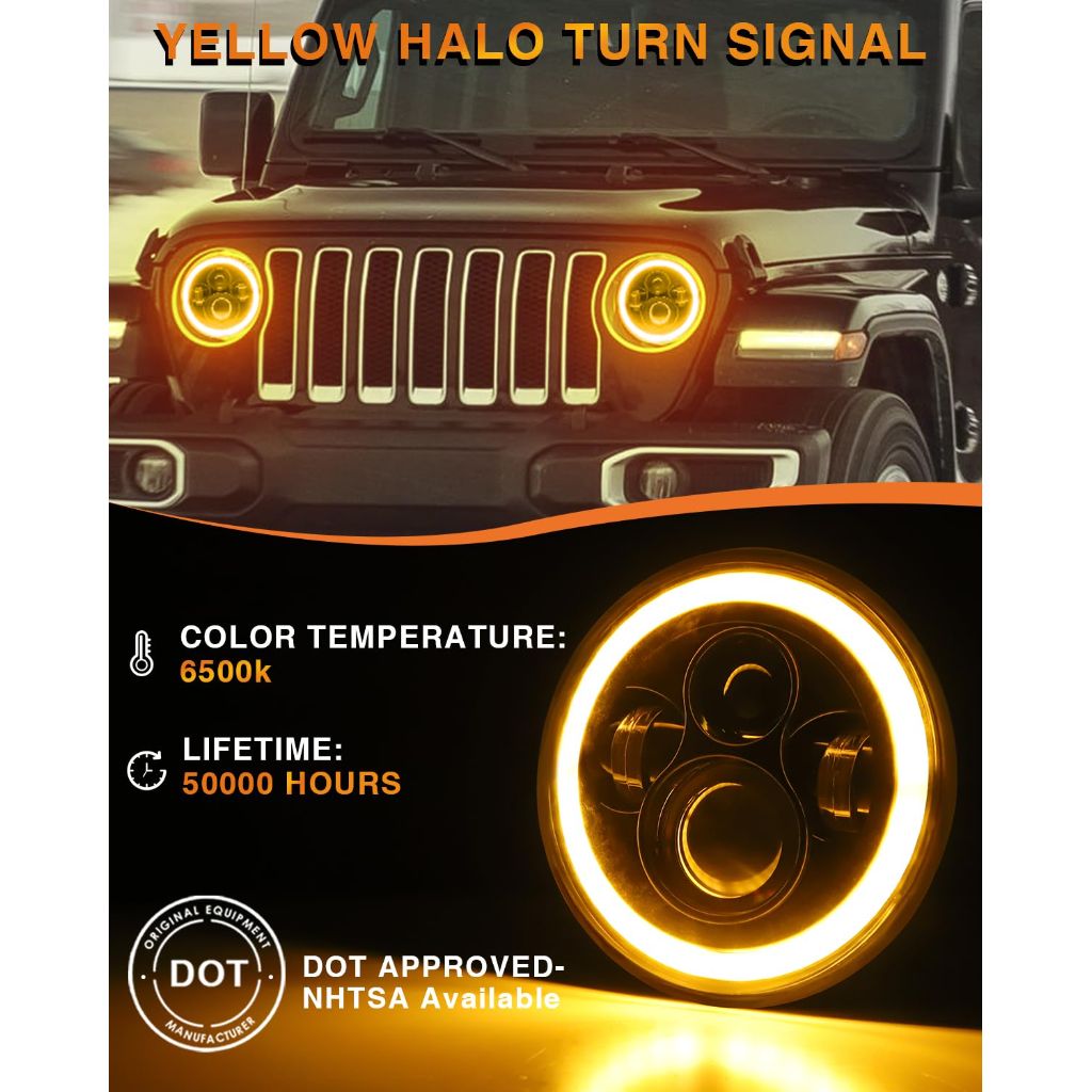 KASLIGHT 7 Inch Round Headlights DOT Approved Brighter Jeep LED Headlight Amber Halo Hi/Low Sealed Beam H6024 LED Headlight Compatible With Ford Chevy Miata Jeep Wrangler JK TJ LJ CJ Hummer H1 H2 etc