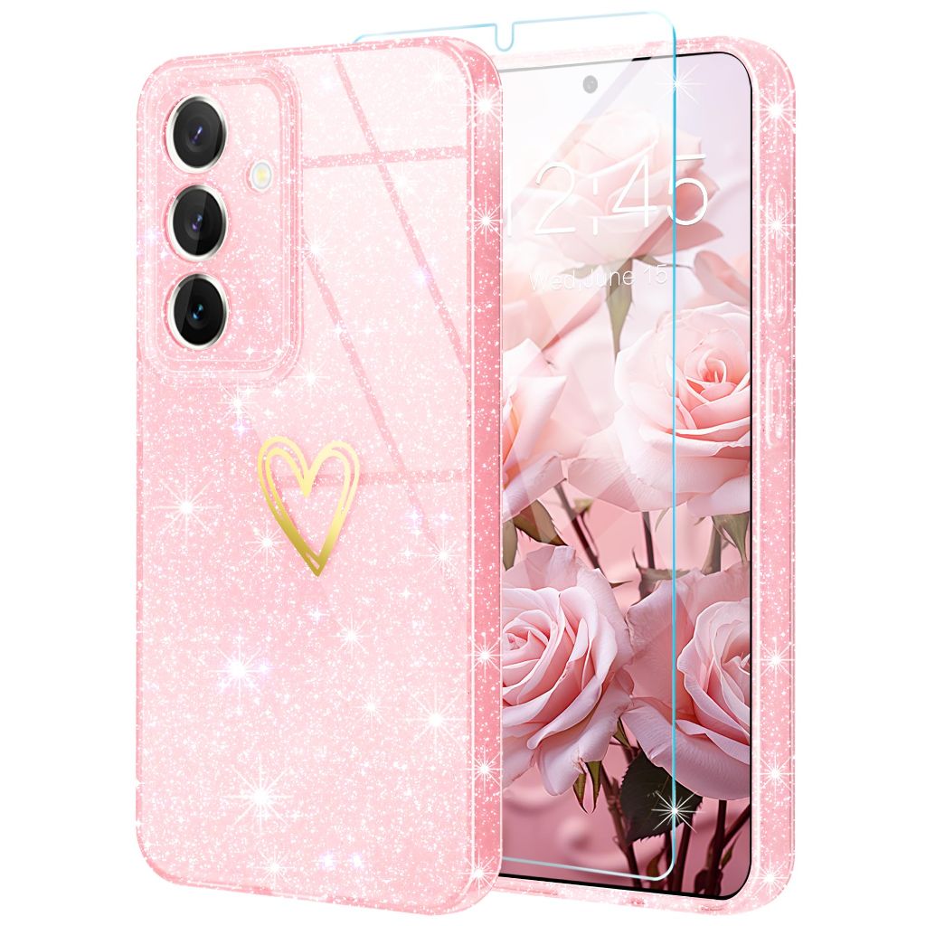 Qviskteme for Samsung Galaxy S24 Case, S24 Clear Case,[Not-Yellowing] with [1X Tempered Glass Screen Protector],Glitter Bling Sparkly Slim Fit Shockproof Phone Cases for Galaxy S24 (Rose Gold)