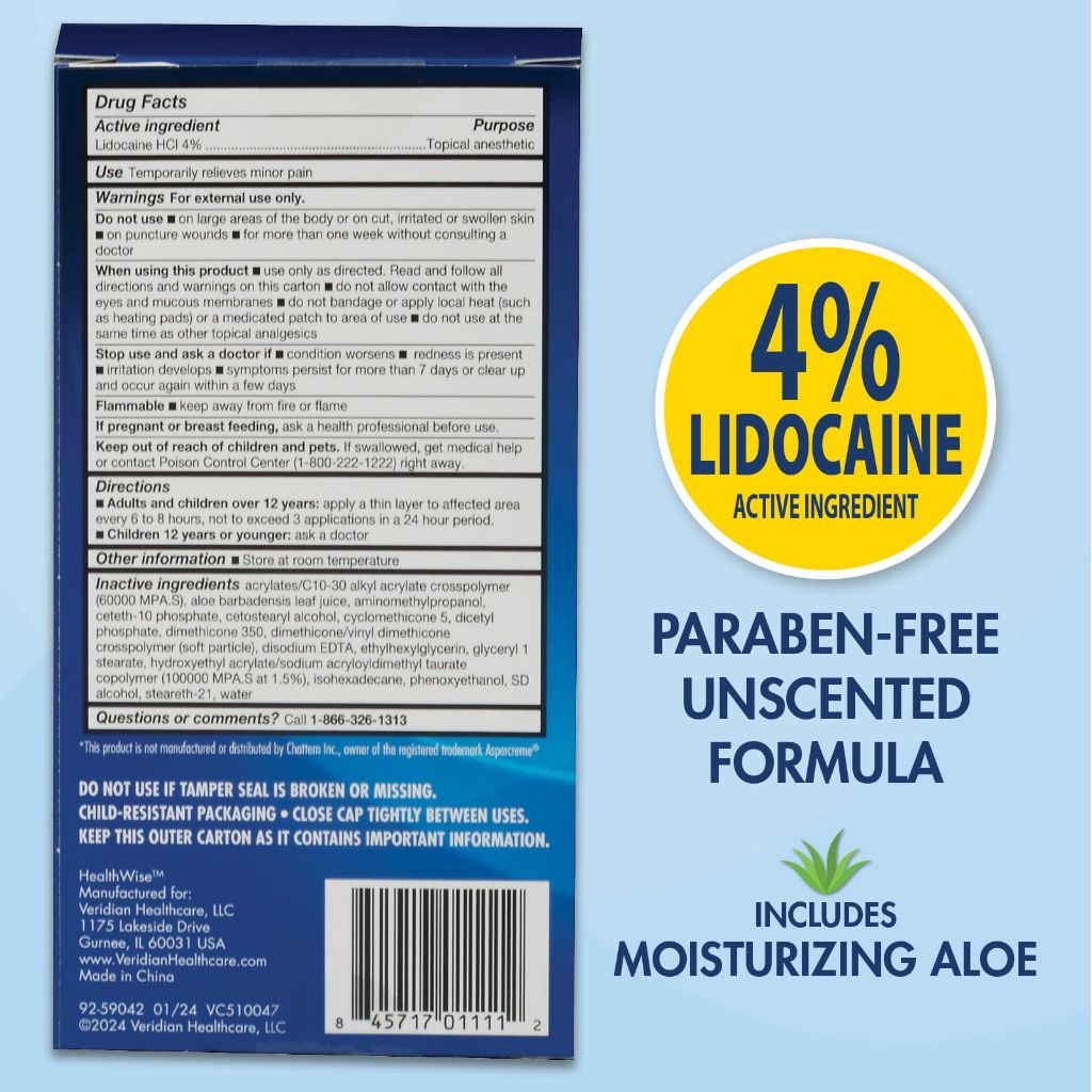 HealthWise 4% Lidocaine Roll-On | OTC Strength | Pain Relief Liquid | 2.5 oz. 73 mL