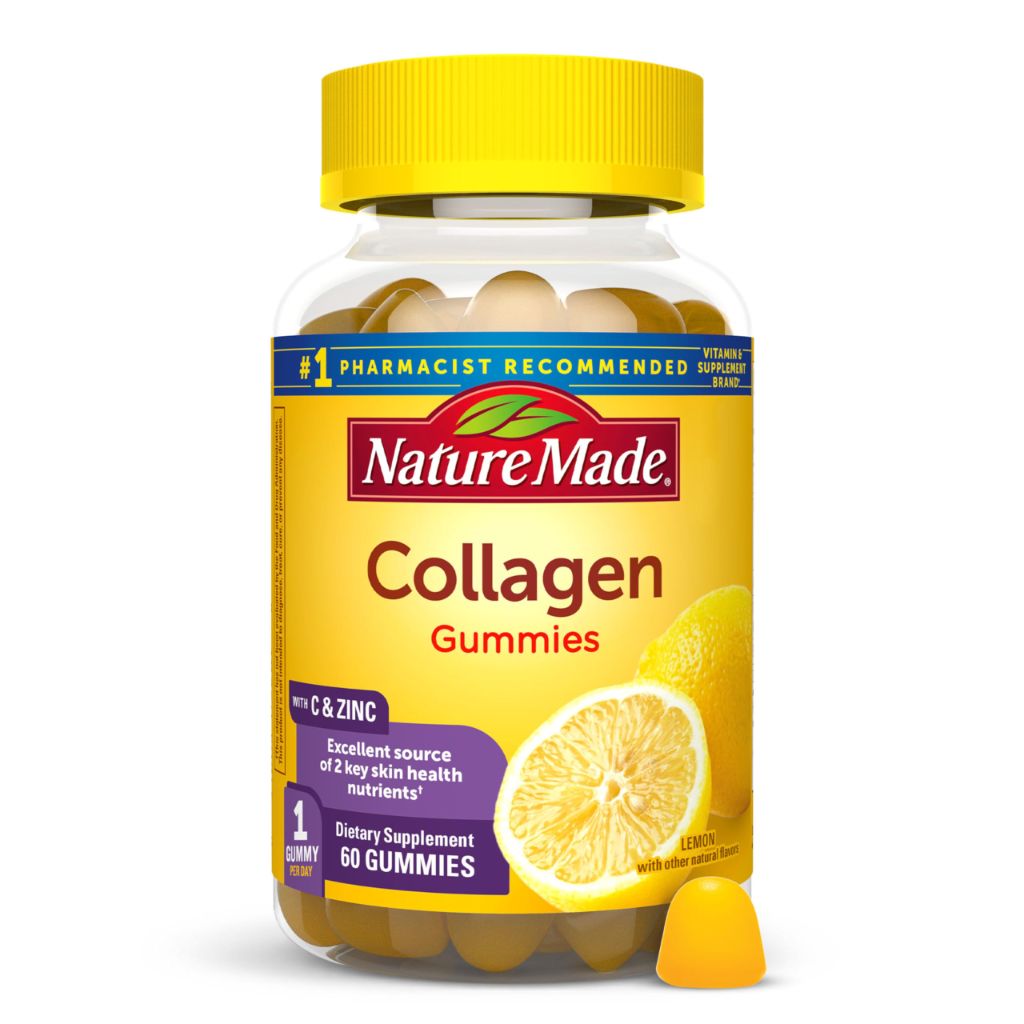 Nature Made Collagen Gummies with Vitamin C, Zinc, Biotin, Hydrolyzed Collagen Peptides 60 Gummies, ( Lemon)