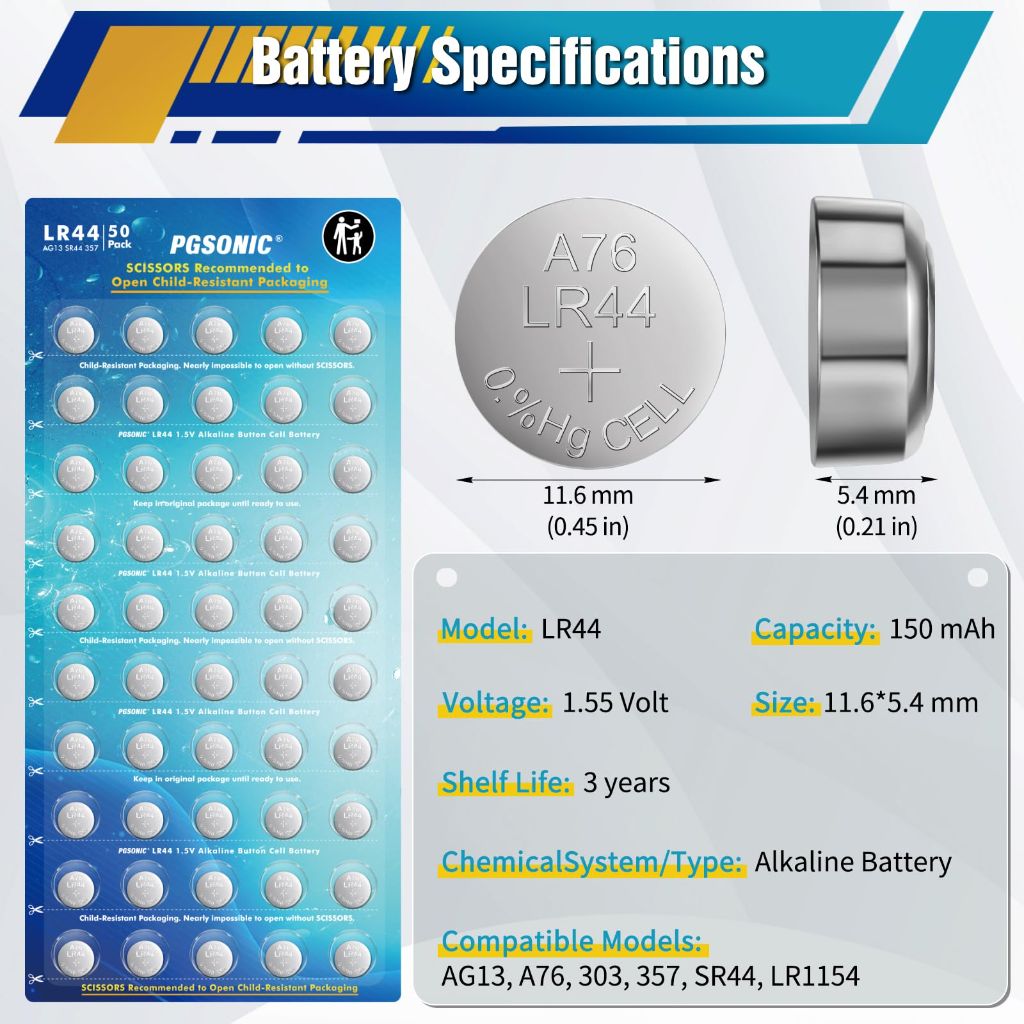 PGSONIC 50 Pack LR44 Batteries, 1.5 Volt Alkaline Button Cell Batteries with Long Lasting Power