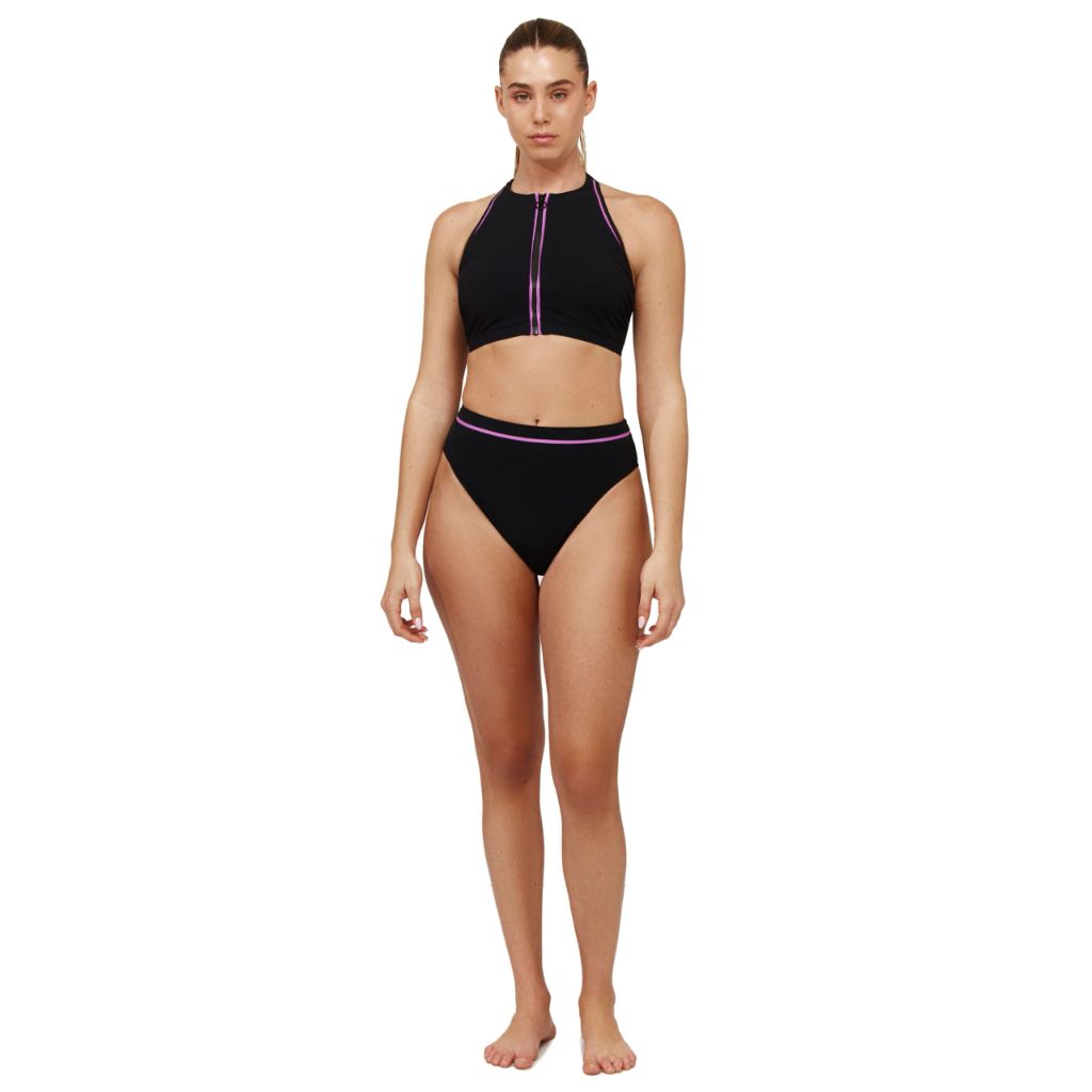 Gottex Women's Standard High Neck Bikini, Zipper, Front & Back Lining Swim Top, Black Purple, 14