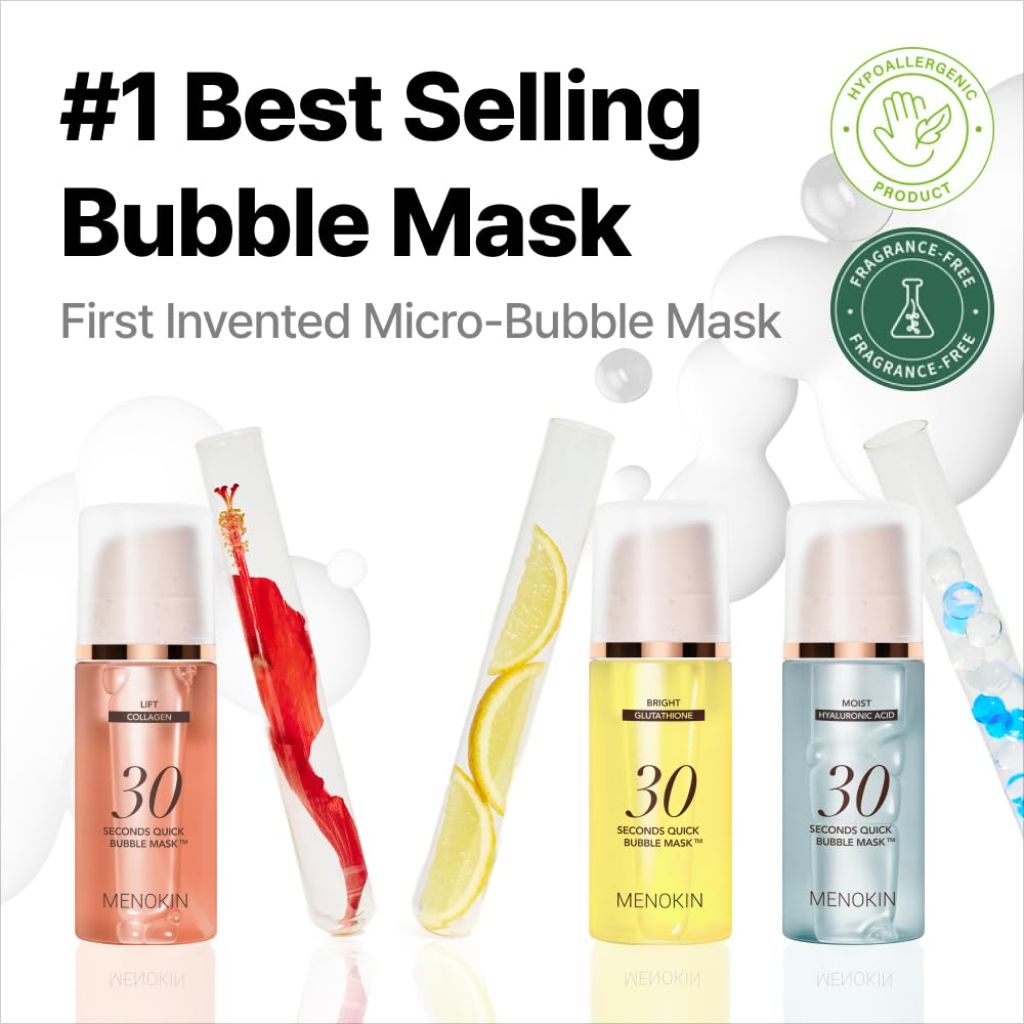 MENOKIN Korean Face Mask 3sets [30 seconds Quick Bubble Mask] (Collagen, Brightening, Moisturizing),  3.21 fl.oz