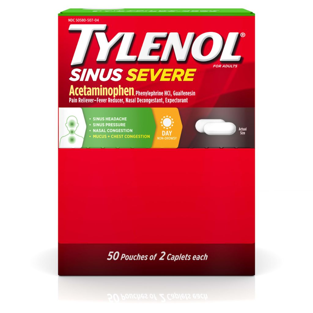 Tylenol Sinus Severe Daytime Caplets with Acetaminophen 325mg, Guaifenesin 200mg & Phenylephrine HCl 5mg, Non-Drowsy Pain Reliever, Expectorant & Nasal Decongestant, 50 Travel Packs of 2 ct