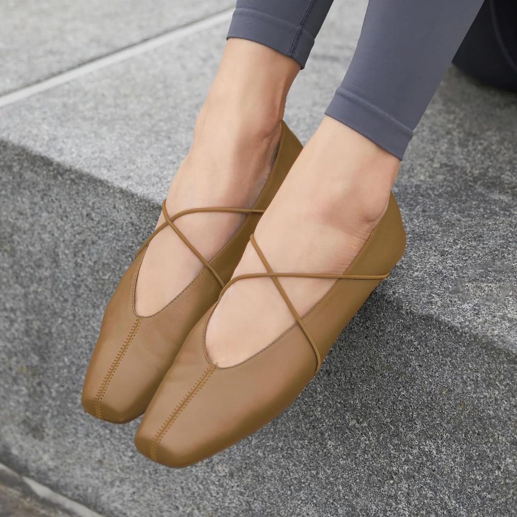 Yellhum Criss Cross Strap Ballet Flats for Women Square Toe Mary Jane Flats Shoes Comfortable Slip On Ballerina Shoes Tan