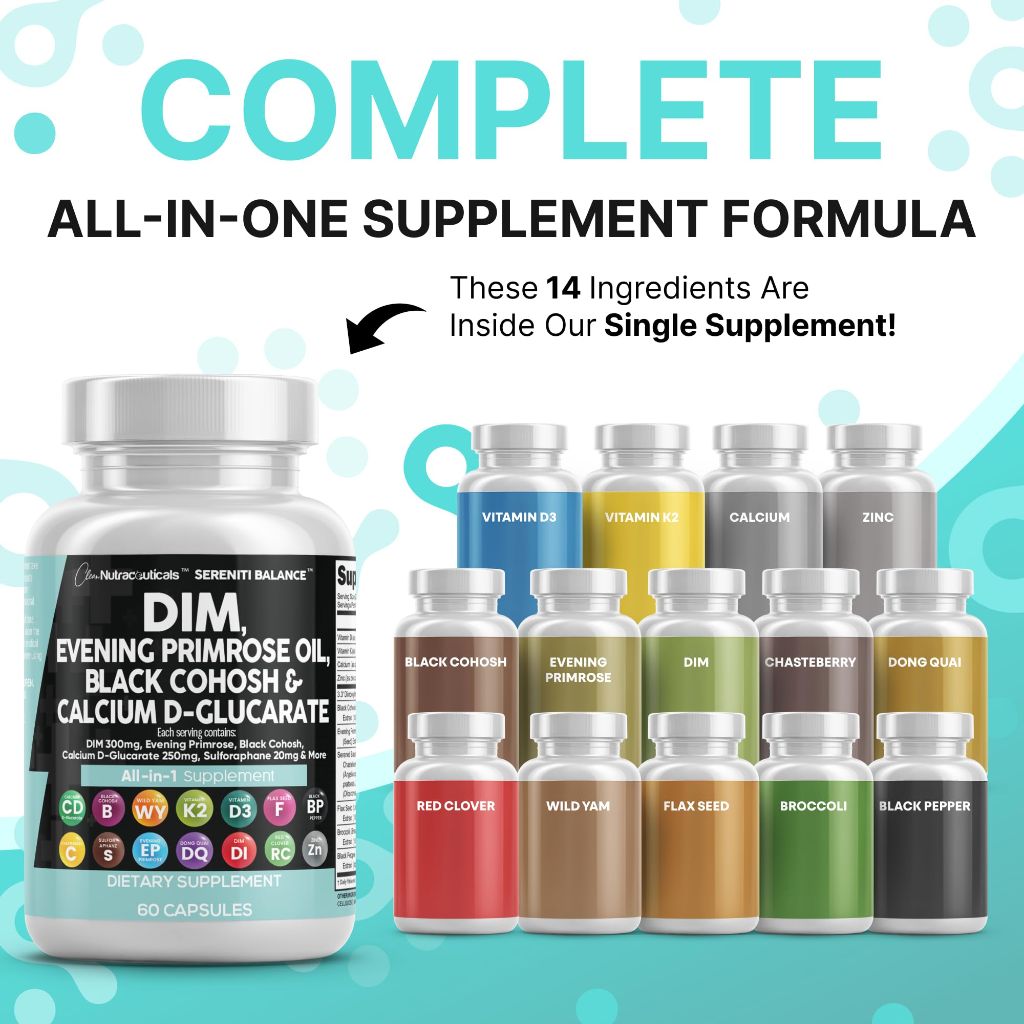 Clean Nutraceuticals DIM Evening Primrose Black Cohosh Calcium D-Glucarate Sulforaphane Flax Seed Extract 60 Caps