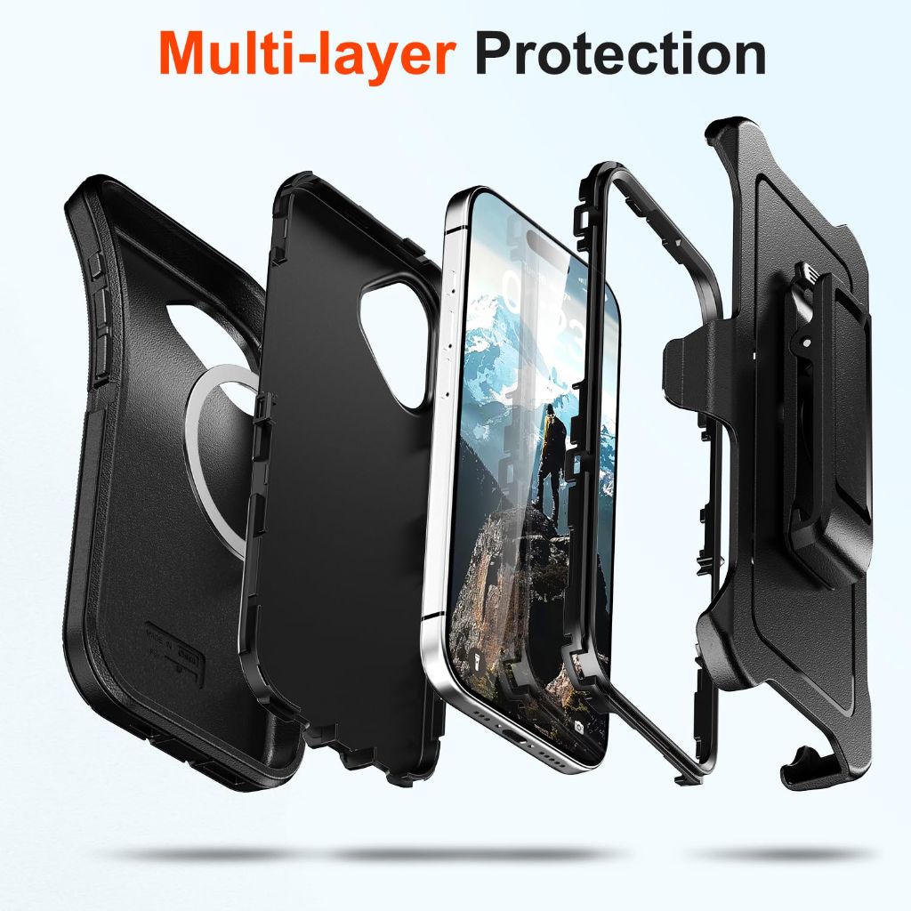 Tutukii Tough Case with Holster Belt Clip for iPhone 17, Shockproof, 3-Layer Drop Protection, 6.3" - Black