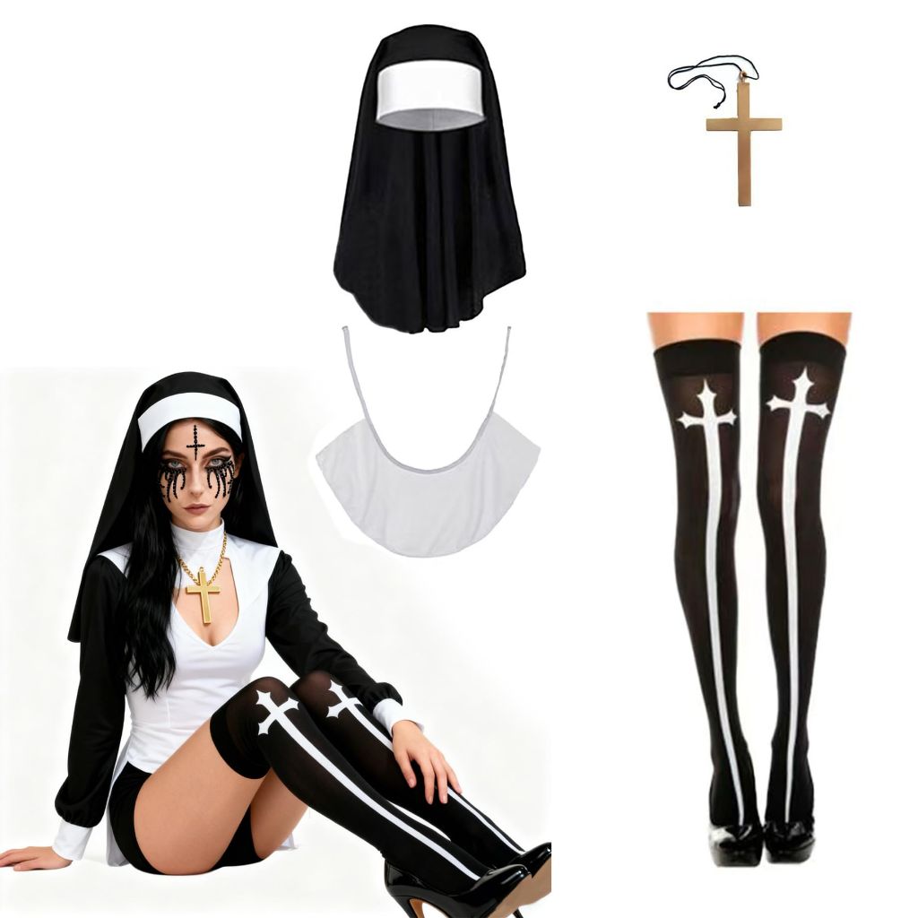 Yinxiang Jie Nun Horror Face Stickers, Clothing Accessories, Cross Pendant Necklace, Knee High Socks - Halloween Role-Playing Party Costume Set