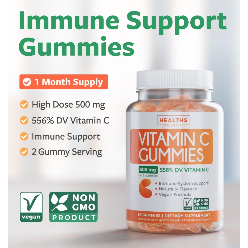 Vegan Vitamin C Gummies for Adults - 500mg per Serving - Orange Flavor (1 Month Supply)