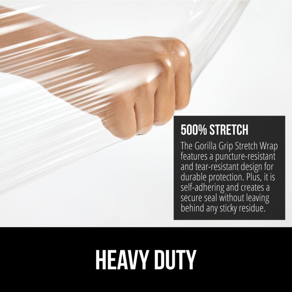 GORILLA GRIP 500% Stretch Film Heavy Duty Plastic, 2 Pack 1200ft Shrink Wrap Rolls 17" Puncture Resistant, Industrial Strength for Pallet Storing, Wrapping, Moving, Packing Furniture Protection Clear