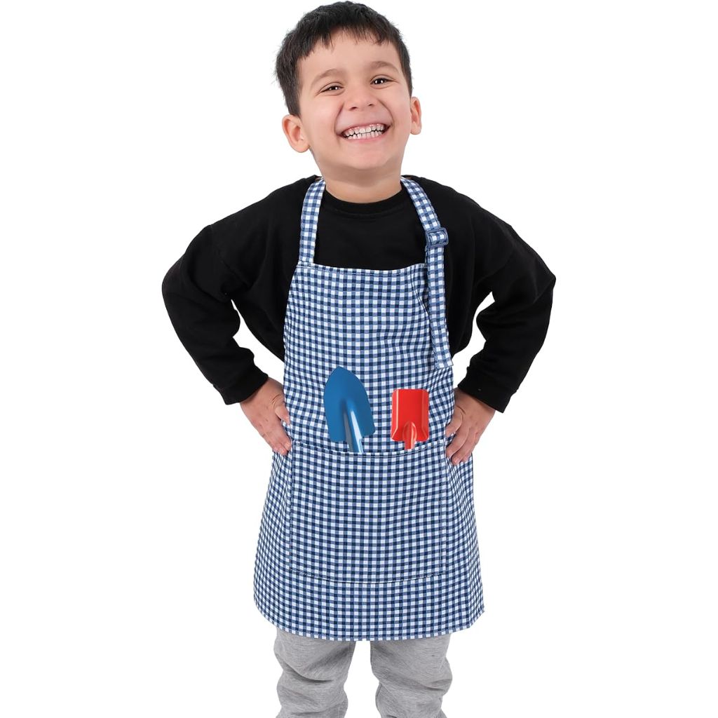Kids Aprons for Cooking Waterdrop Resistant Aprons for Girl & Boy Toddler Apron for Painting, Gardening, Baking, Smock (Plaid Navy Blue, Small (3-5 years))