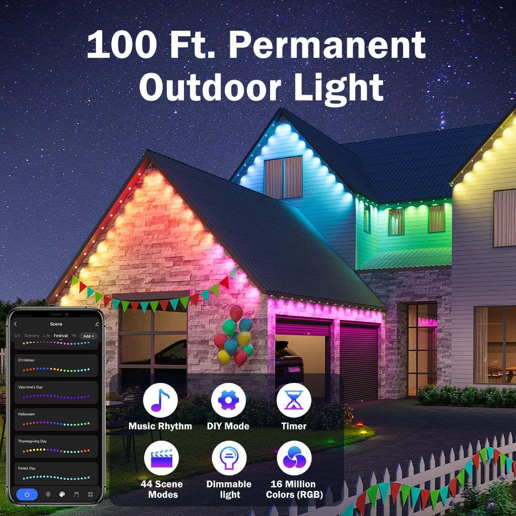 Heromind Permanent Outdoor Lights 100ft, Smart RGB with 60 LED, 8000 Hour Long