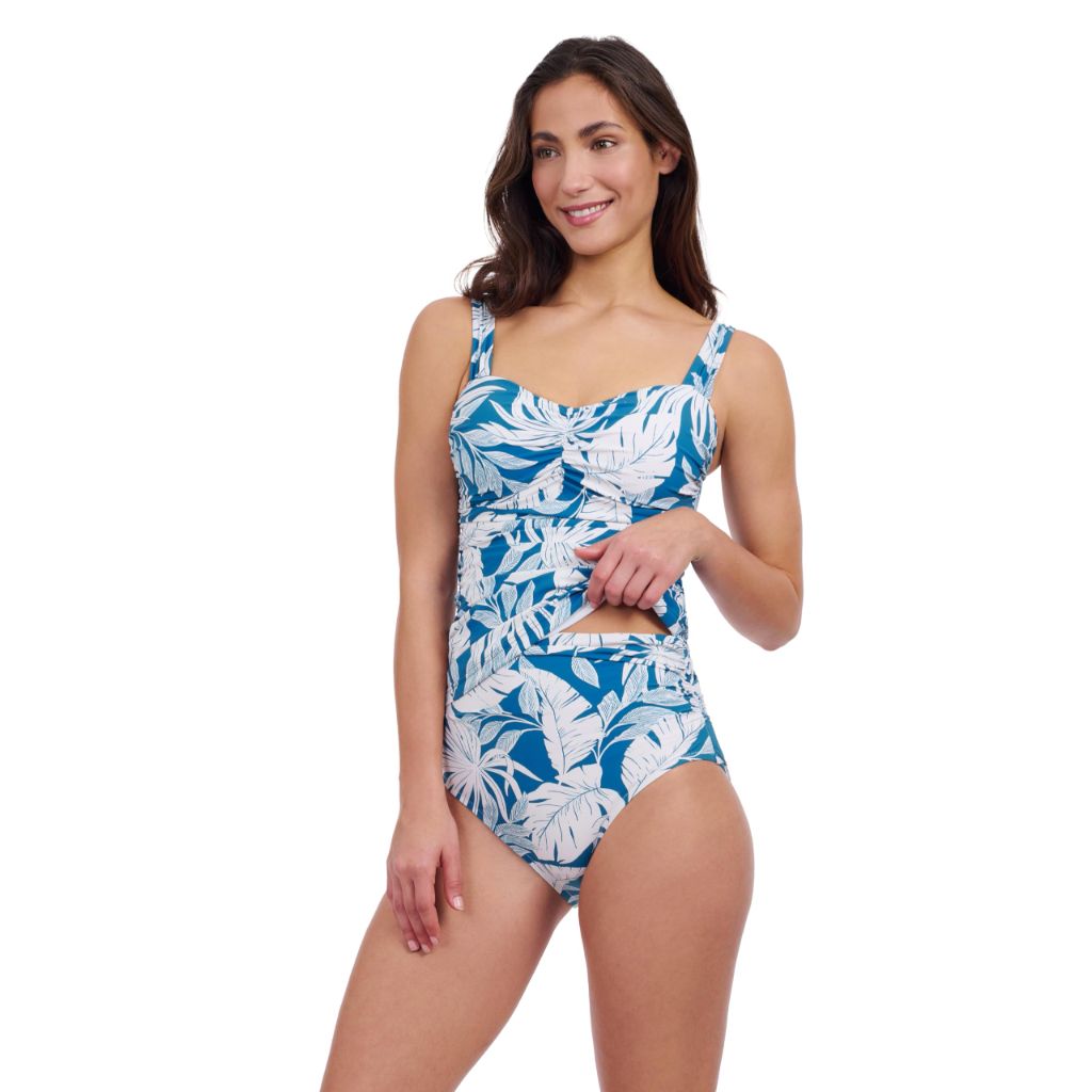 Profile by Gottex Women’s Malaya Tropical Print Tankini Stylish Swim Top with Surplice Neck, Teal/White - size 10