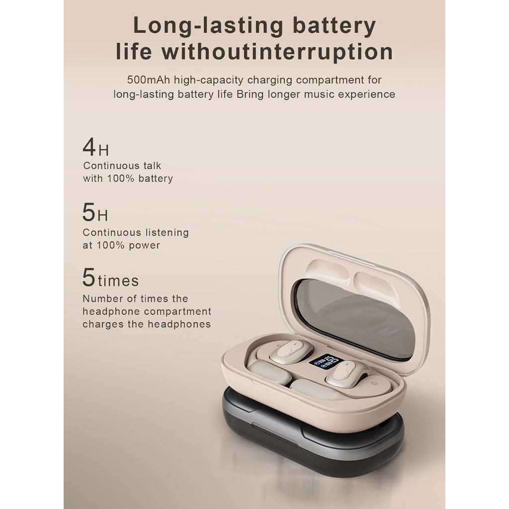 Wireless Open Ear Bluetooth Ear Hook Headphones, Digital Display Charging Case - Khaki