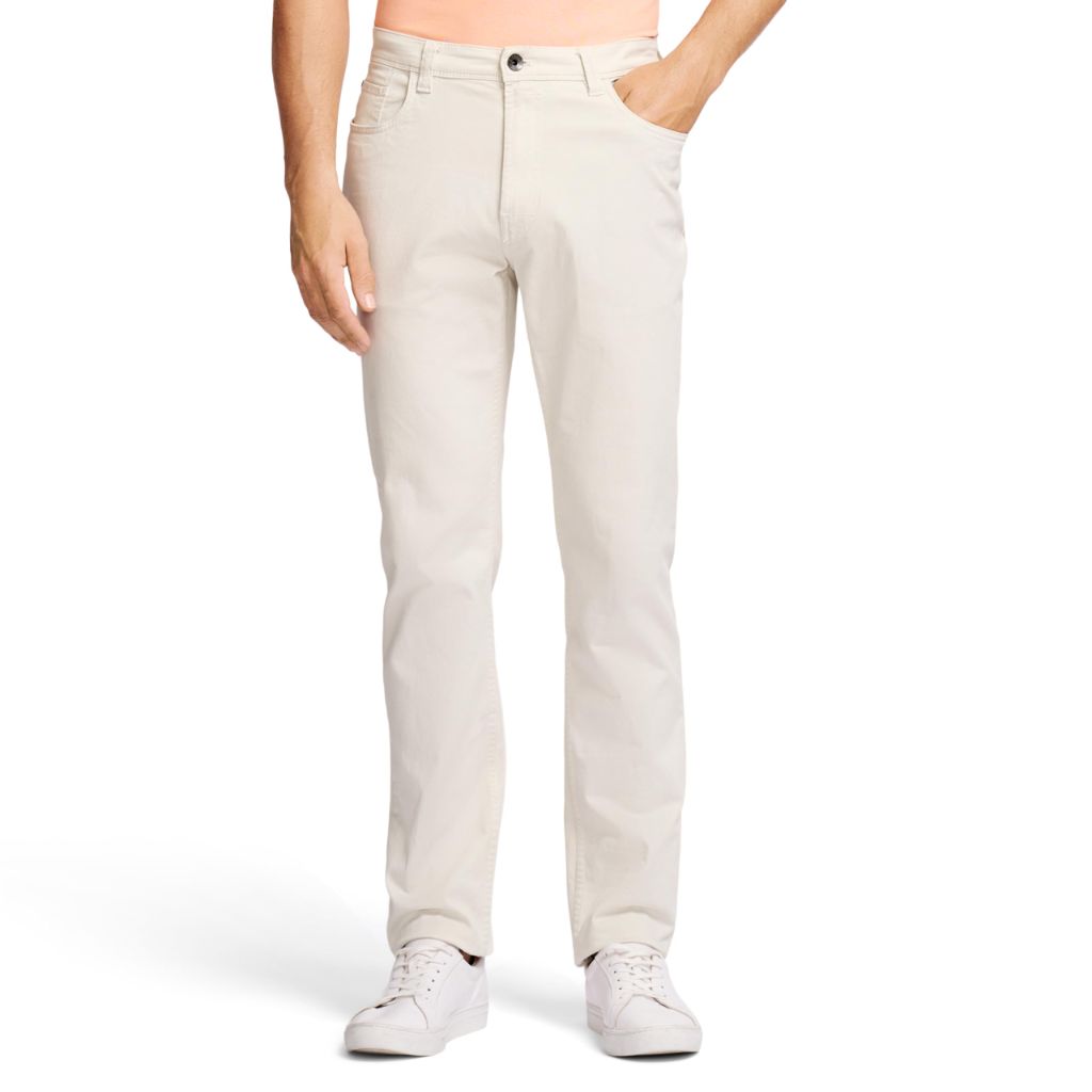 SZ 38W X 30L IZOD Mens Saltwater Stretch Twill 5 Pocket Straight Fit Chino Casual Pants, Silver Birch